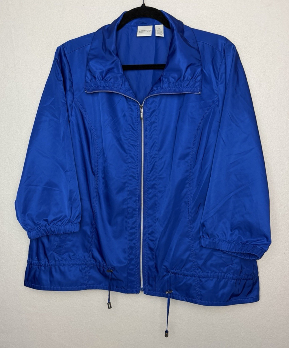 Chico's Zenergy Bright Blue Jacket Full Zip Drawstring Hem Size XL Lightweight